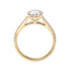 Round brilliant cut diamond engagement ring with diamond set split band 18ct gold side view.