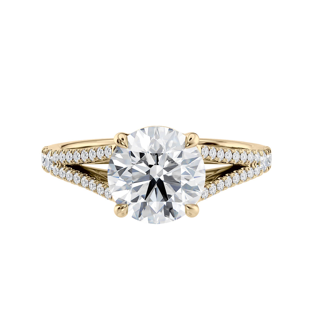 Round brilliant cut diamond engagement ring with diamond set split band 18ct gold front view.