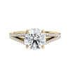 Round brilliant cut diamond engagement ring with diamond set split band 18ct gold front view.