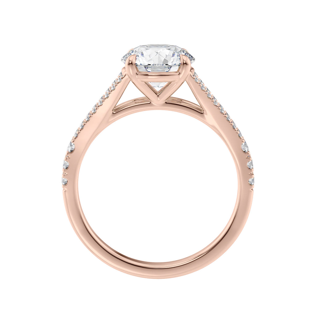 Round brilliant cut diamond engagement ring with diamond set split band rose gold side view.