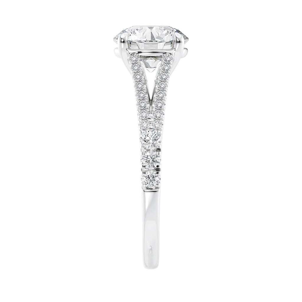 Round brilliant cut diamond engagement ring with diamond set split band 18ct white gold end view.