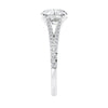 Round brilliant cut diamond engagement ring with diamond set split band 18ct white gold end view.