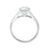 Round brilliant cut diamond engagement ring with diamond set split band 18ct white gold side view.