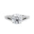 Round brilliant cut diamond engagement ring with diamond set split band 18ct white gold front view.