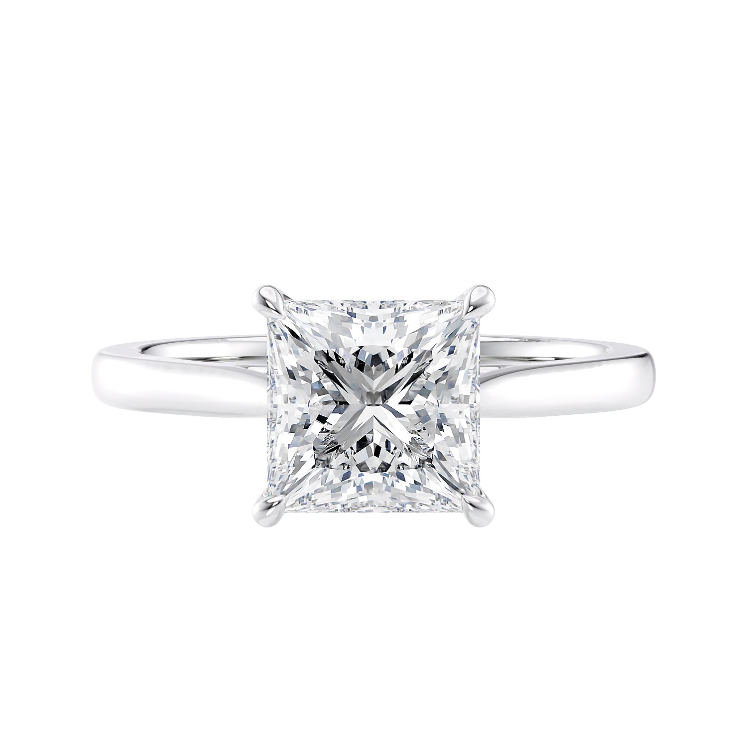 Classic princess cut diamond solitaire engagement ring white gold front view.