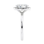 Oval halo diamond engagement ring in white gold end view.