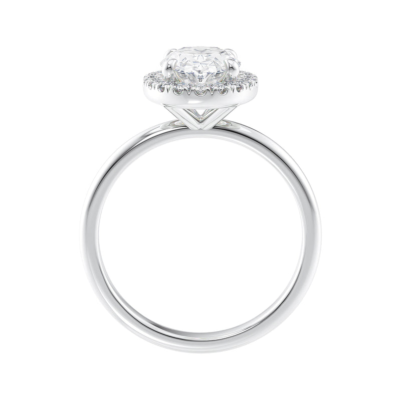 Oval halo diamond engagement ring in white gold side view.