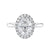 Oval halo diamond engagement ring in white gold front view.