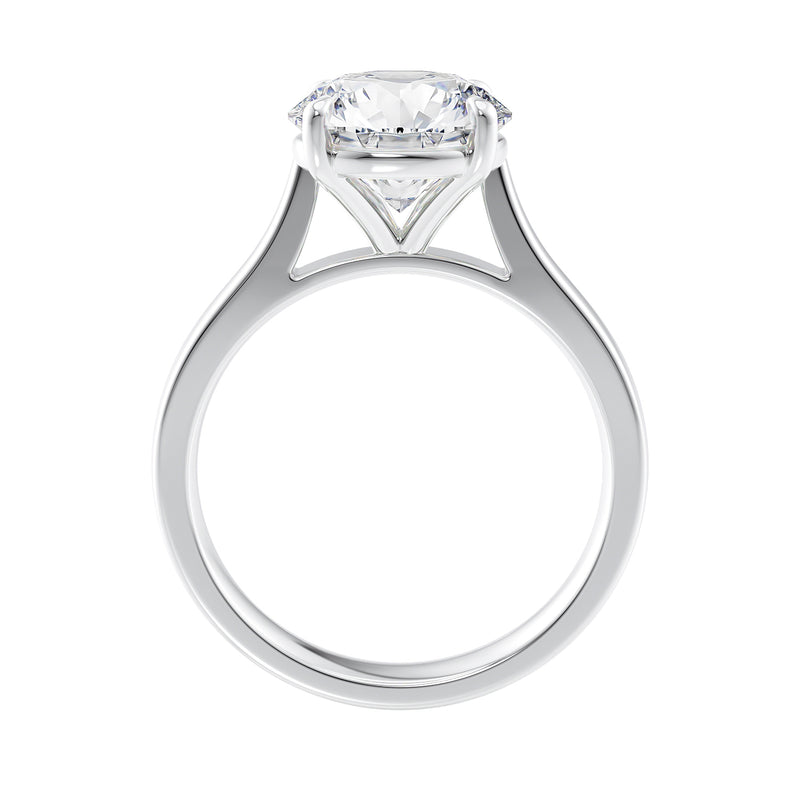 Laboratory grown round diamond solitaire engagement ring with wide white gold band side view.