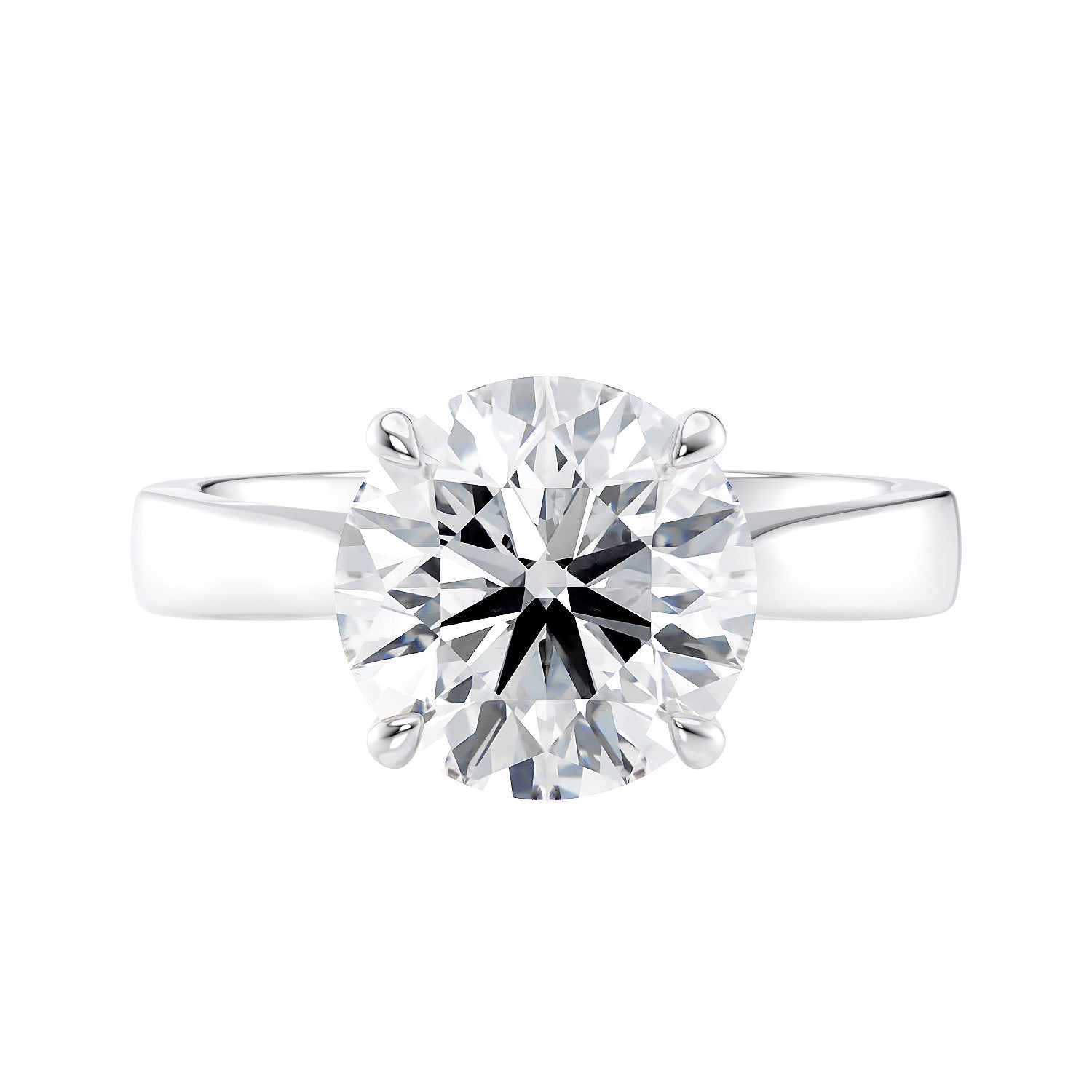 Laboratory grown round diamond solitaire engagement ring with wide white gold band front view.