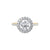 Yellow gold diamond ring with a halo on a white background
