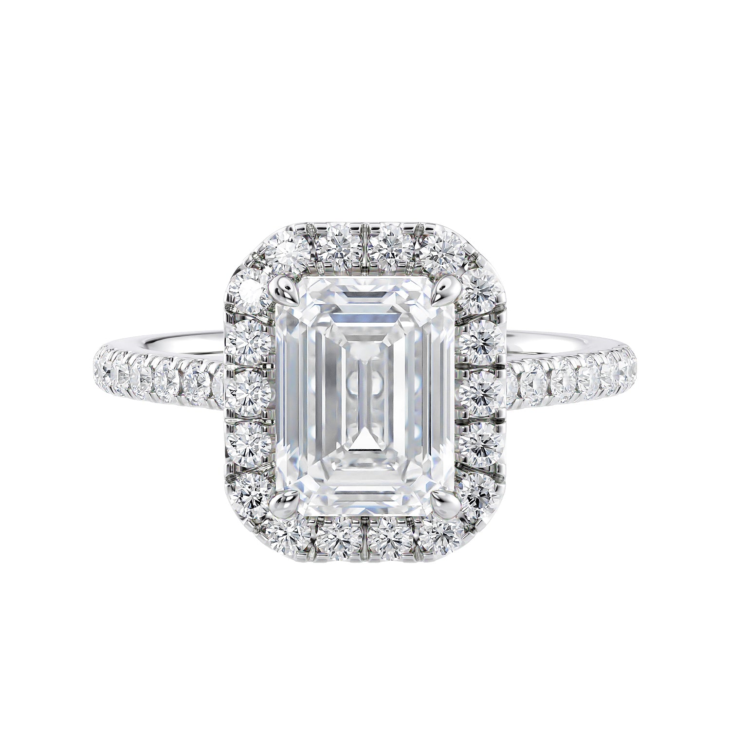 Lab grown emerald cut diamond halo ring