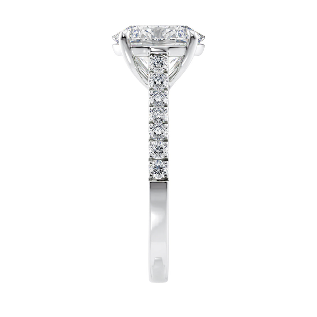 Oval solitaire diamond ring with castell shoulders end view