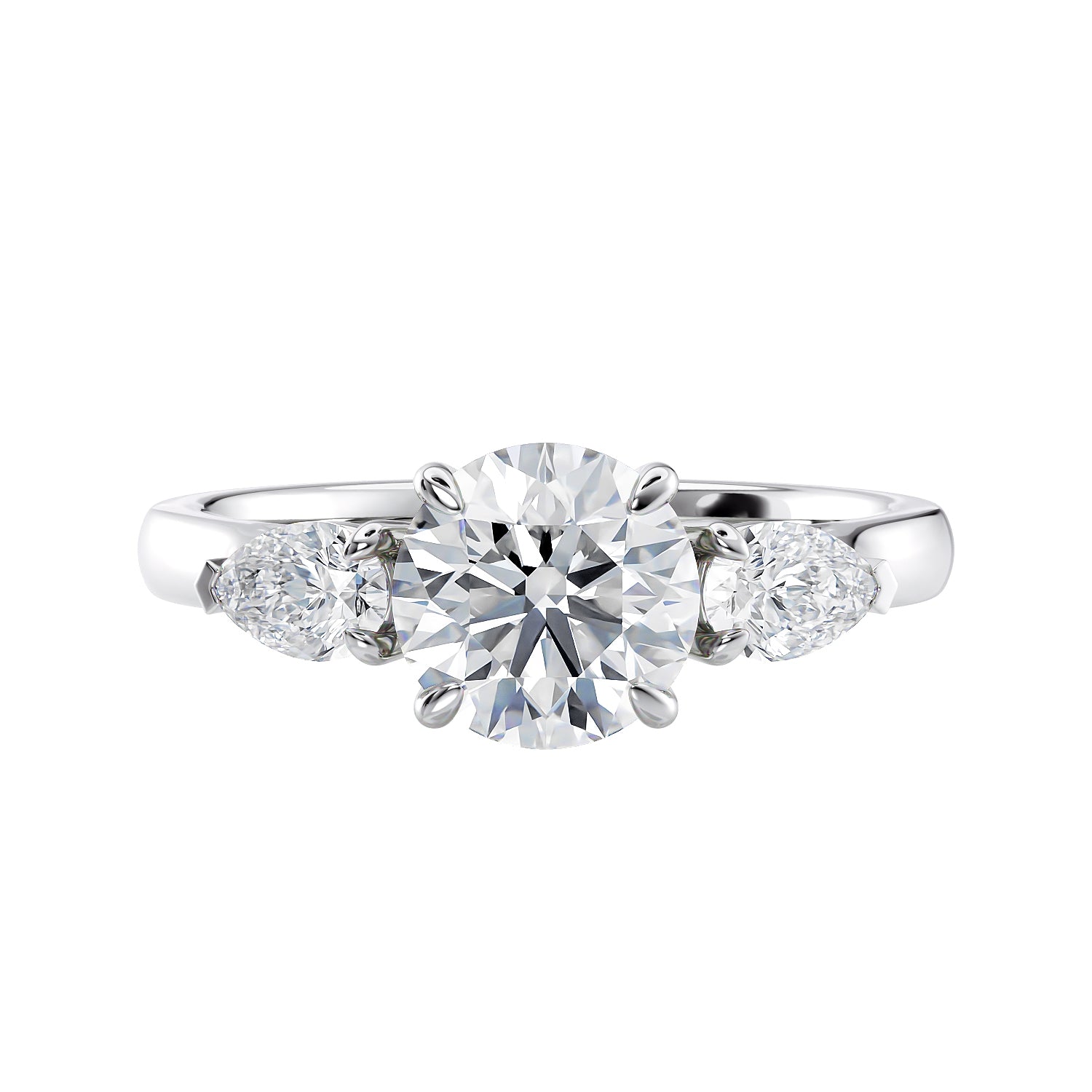 1 carat three stone with pear side stones front view 